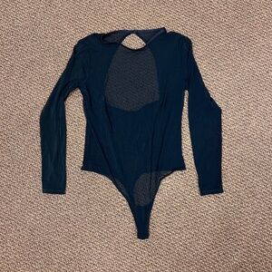 Long Sleeve Mesh See Through Body Suit, Black Thong, Sheer, Open Back, Size XL